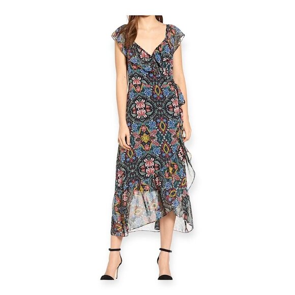 Rebecca Minkoff Jessica Ruffle Floral Midi Wrap Dress S Black Multicolor NWT - Picture 1 of 16